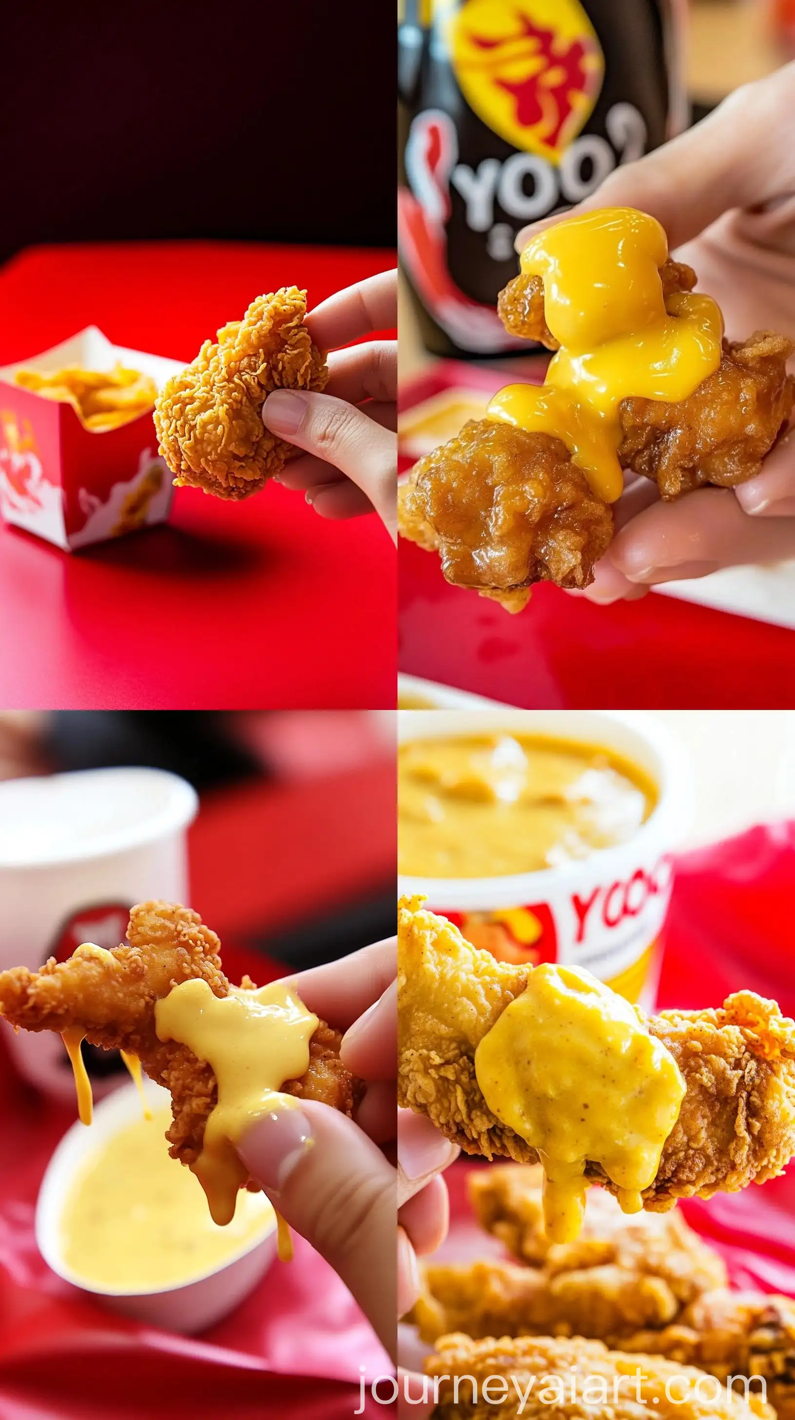 CloseUp-of-Fried-Chicken-Man-in-Yellow-Sauce-on-Red-Table