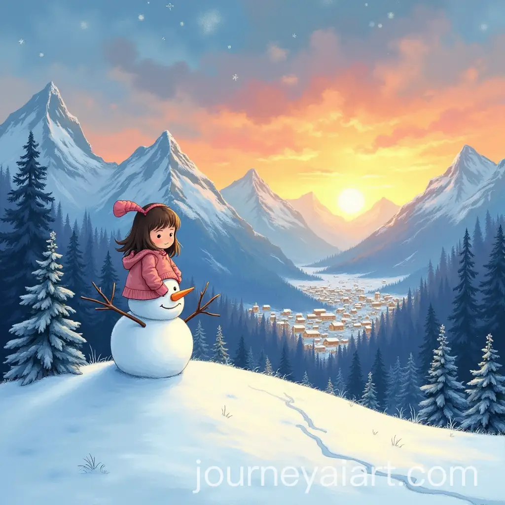 Little-Girl-Playing-with-a-Snowman-at-Sunset-on-a-Mountain