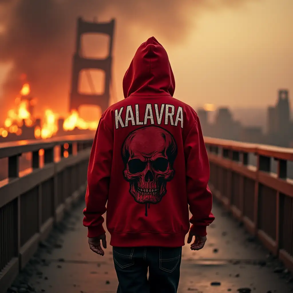 a young rapper dressed in red and hooded, is walking on a bridge, he is facing away, in the background you can see a burning and destroyed city, on his back is written the word 'KALAVRA' with a sinister skull