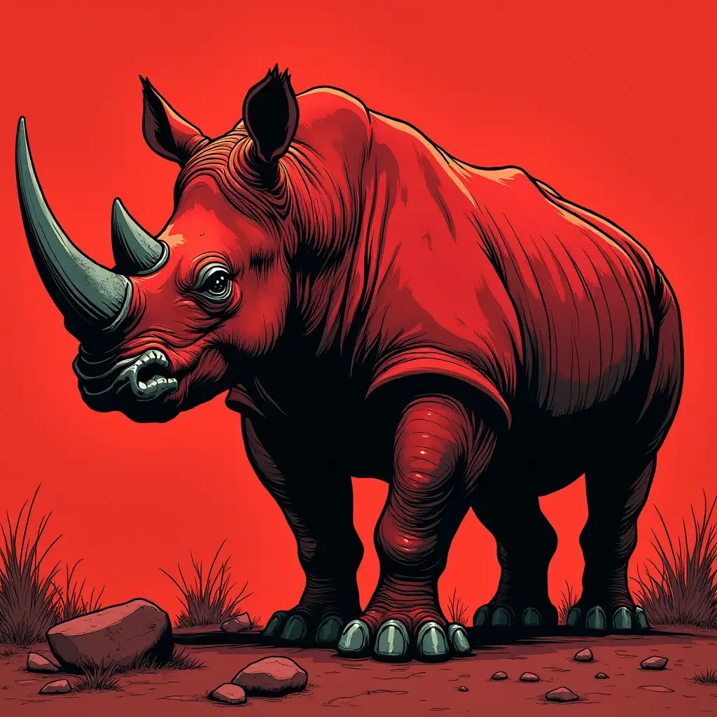 A vicious red and black rhino full body comic book style