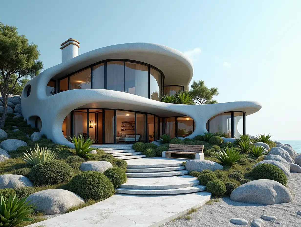 Crooked house with side line to the beach  Planting-with grey plaster in form of plant ornaments, large windows with glass to, curved, smooth window shapes, winding big entrance steps from marble complex, curved roof with dike, lanterns, bench on the beach with  lending view to the sea 4K resolution colorful wide-angle shots