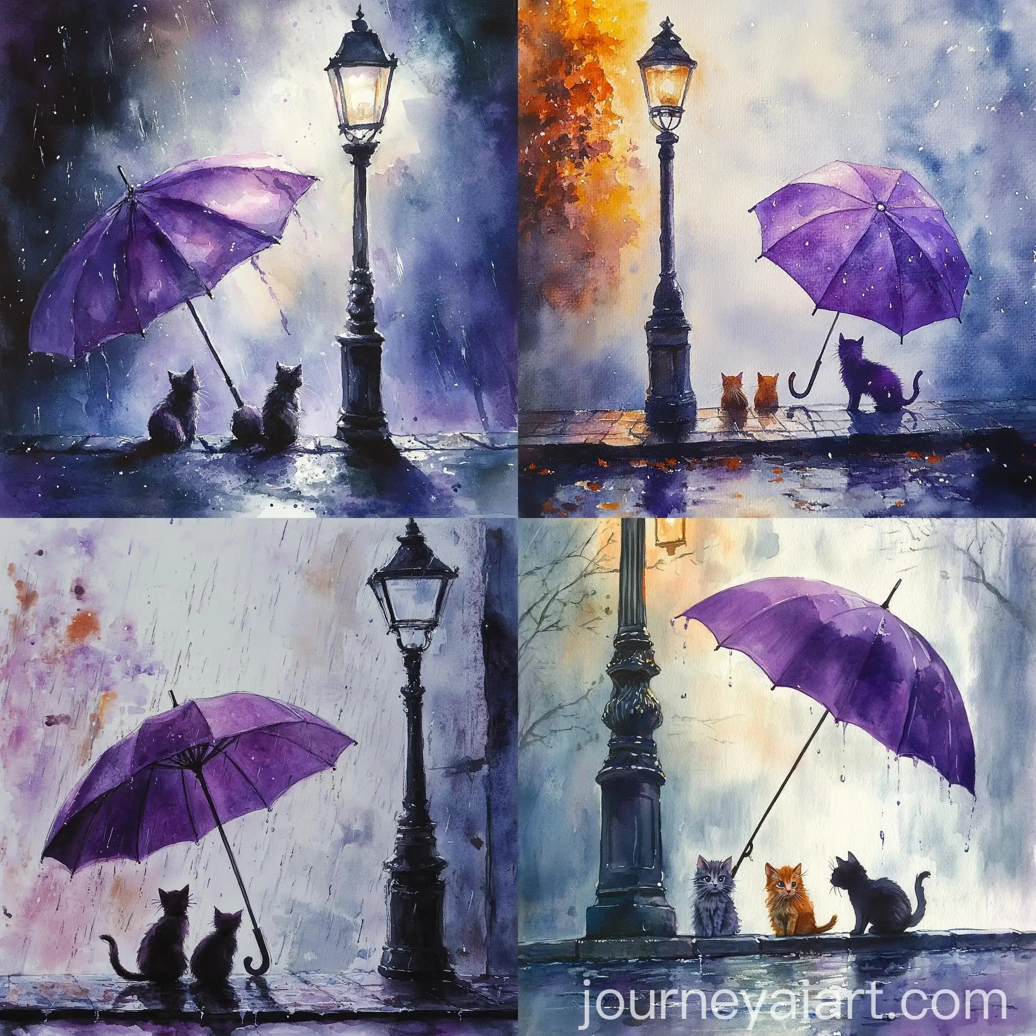 Purple-Umbrella-Sheltering-Two-Kittens-by-Street-Lamp