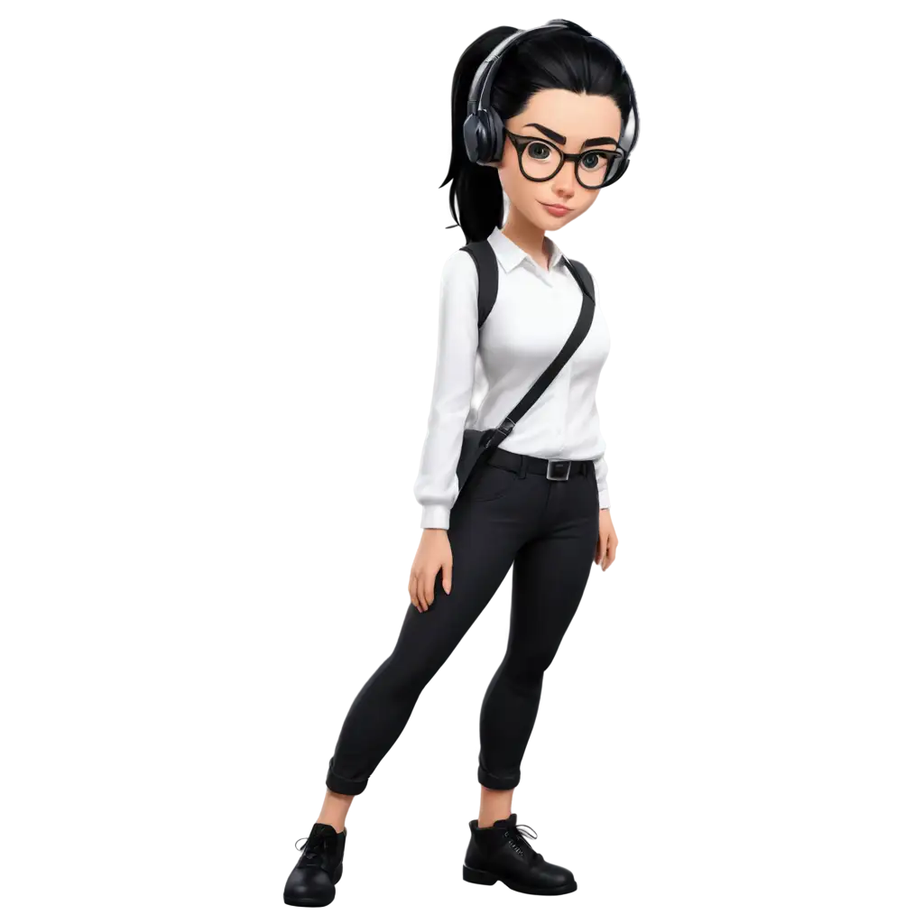 Minimalist-PNG-Image-of-a-White-Female-Character-with-Ponytail-Headset-Glasses-and-Social-Shirt