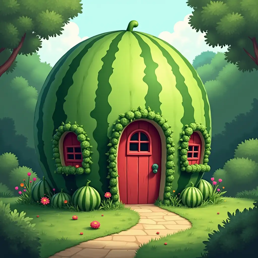 The image is a digital illustration of a small house made of a large watermelon. The house is in the shape of a dome with a red door and two small windows on either side. The walls of the house are covered in green moss and there are plants and flowers growing around the entrance. The door is made of wood and has a small window above it. There is a small pathway leading up to the entrance with a few watermelons scattered around it. The background is a lush green forest with trees and bushes. The overall mood of the image is peaceful and serene.