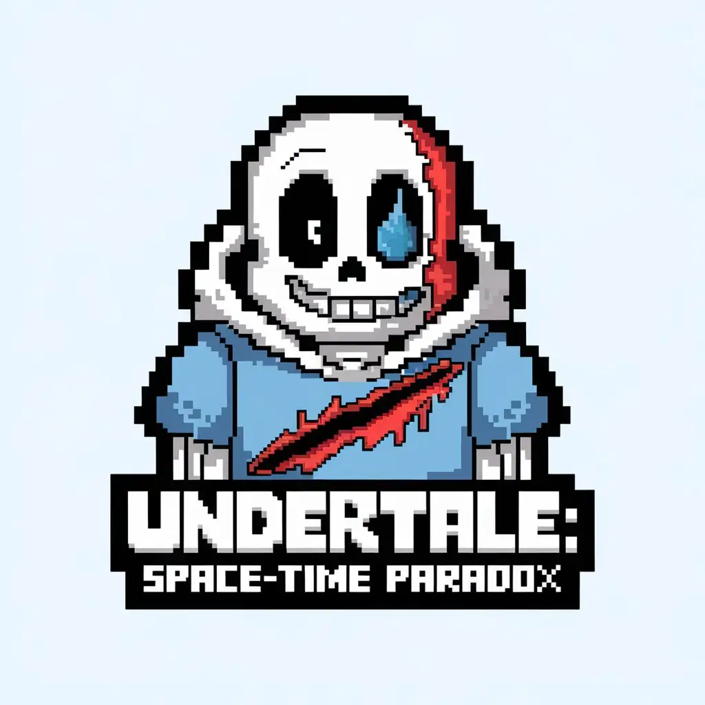 LOGO Design for Undertale Spacetime Paradox Pixelated Text with Shocked Sans Symbol