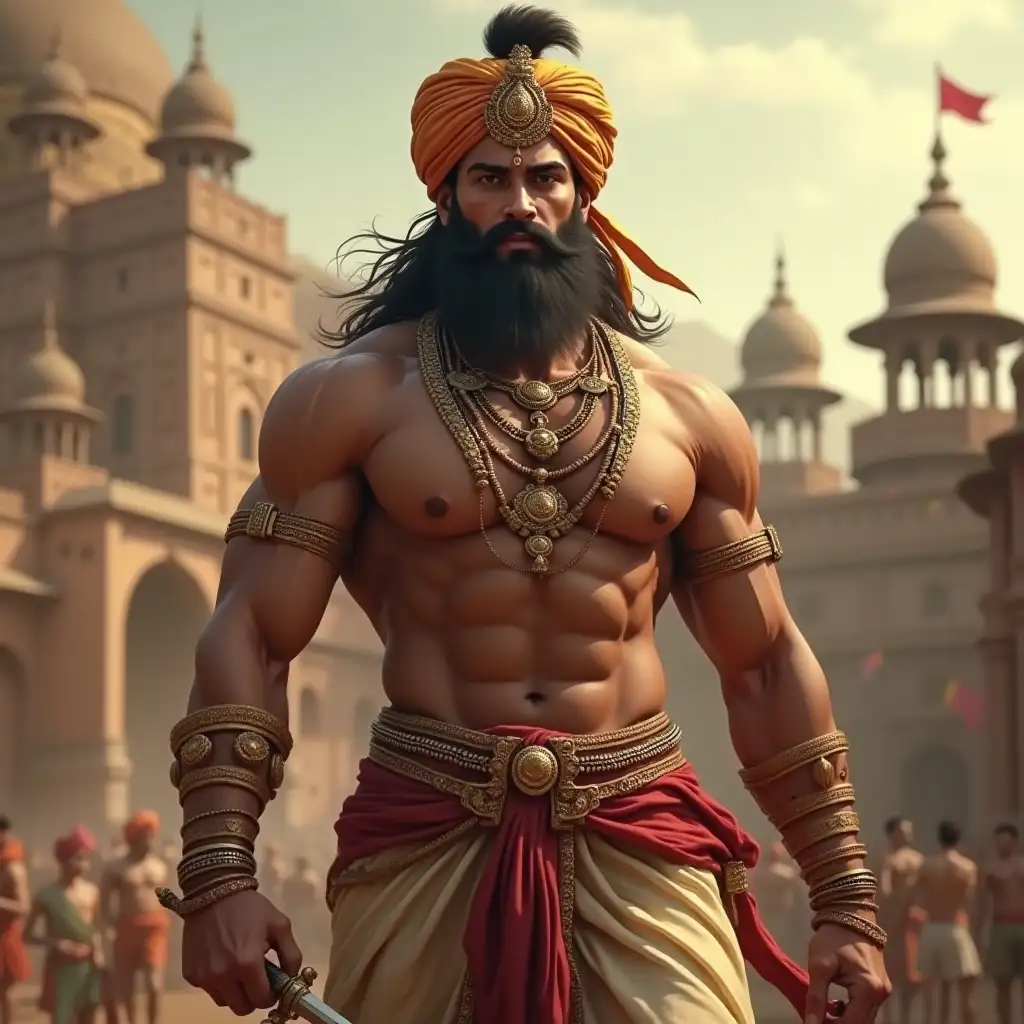 make it hyper realistic dynamic with ultra high resolution with 4k: Create an image of Vikram Aditya, the brave and wise king from Indian folklore. He should be depicted as a strong, muscular figure wearing traditional royal attire, including a dhoti, angarkha, and a turban. Vikram Aditya should be adorned with jewelry such as armbands, necklaces, and a sword, symbolizing his royal status and bravery. The background should feature an ancient fort or palace, emphasizing his regal and historical context. His expression should convey determination and wisdom.