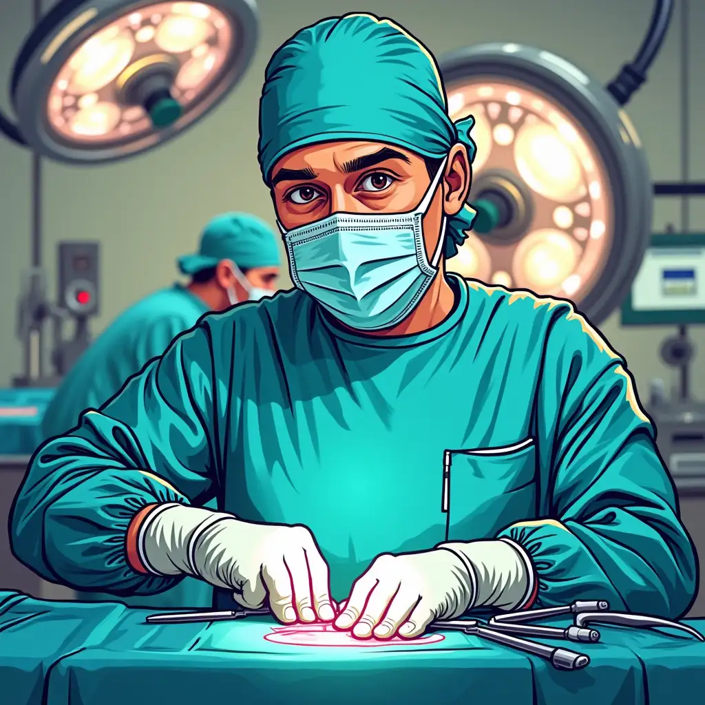 a surgeon with a scalpel in pop art style in the operating room