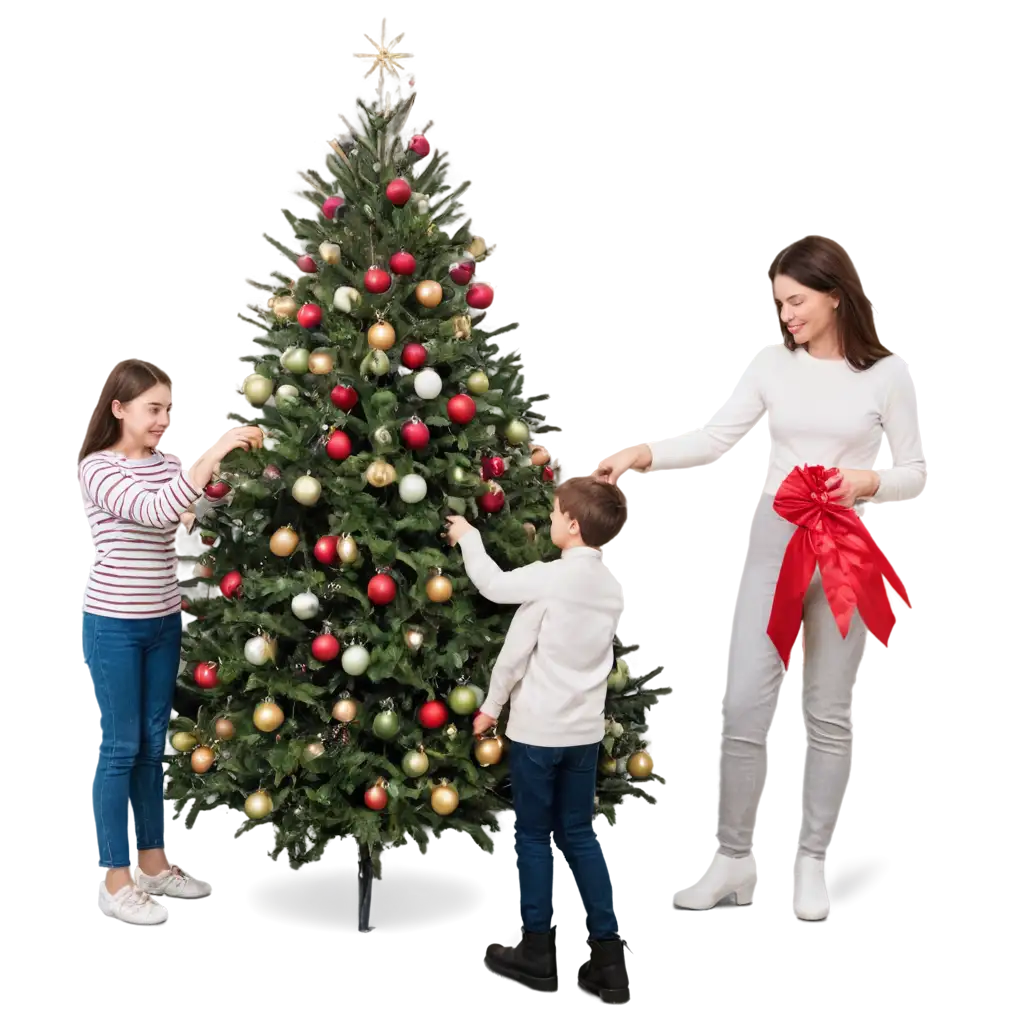 Family-Decorating-Christmas-Tree-with-Ribbons-HighQuality-PNG-Image-for-Holiday-Designs