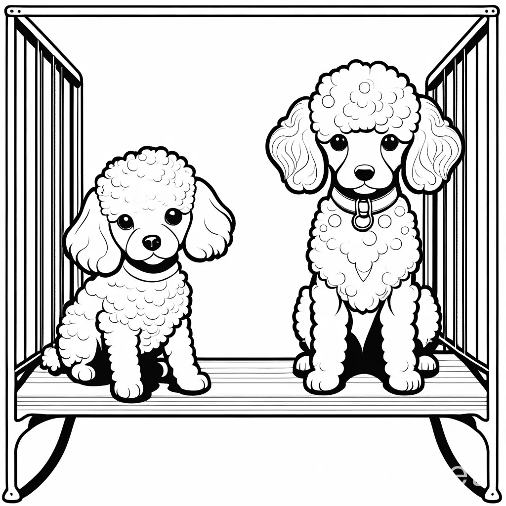 two baby poodle on a playground, Coloring Page, black and white, line art, white background, Simplicity, Ample White Space. The background of the coloring page is plain white to make it easy for young children to color within the lines. The outlines of all the subjects are easy to distinguish, making it simple for kids to color without too much difficulty