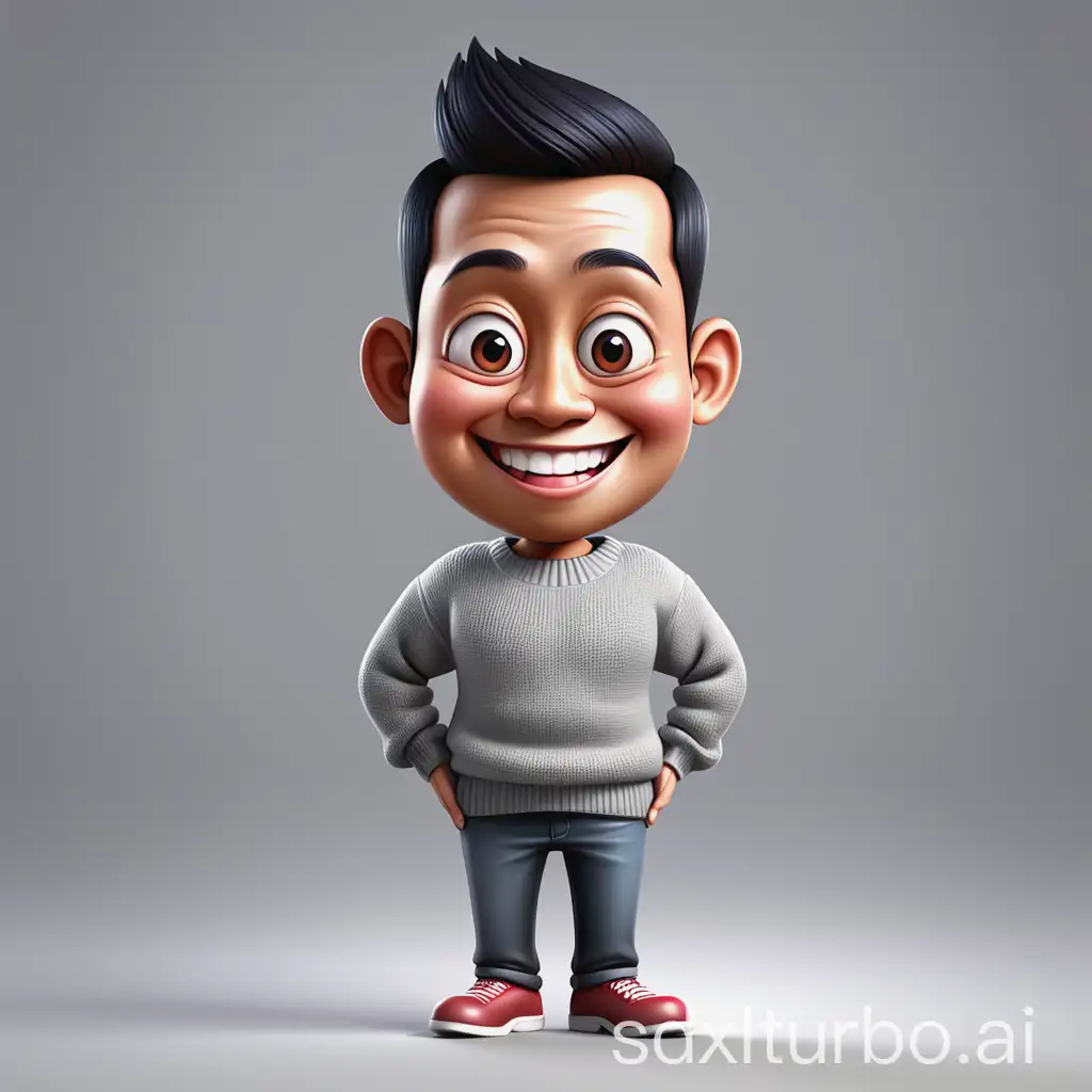 3D cartoon characters with big head of Indonesian people, wearing sweater smiling expression, gray gradient background