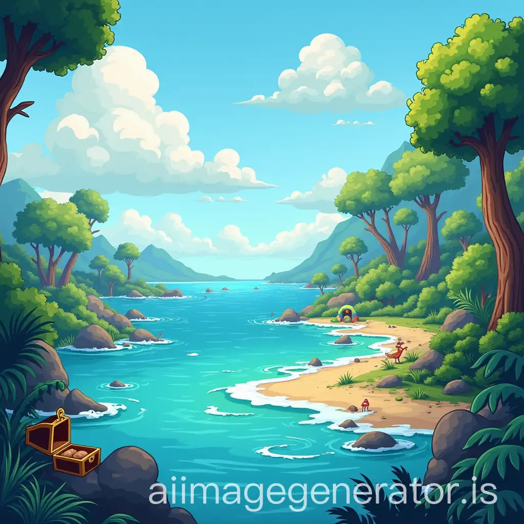 picture with seas and forests and islands and treasures cartoon