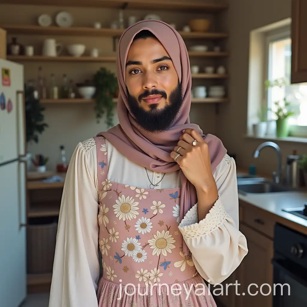 Male-Muslimah-in-Hijab-and-Floral-Dress-Shy-Pose-in-Kitchen