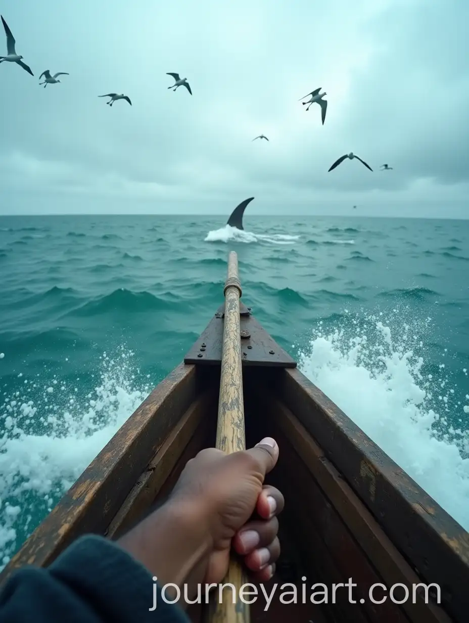 FirstPerson-POV-of-a-Spear-on-a-Weathered-Boat-with-Shark-Fin-and-Seagulls