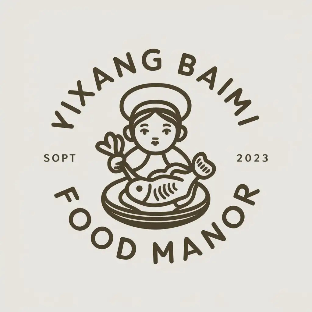 a vector logo design,with the text "Yixiang Baimi Food Manor", main symbol:Yao girl roasting fish,Moderate,be used in Restaurant industry,clear background