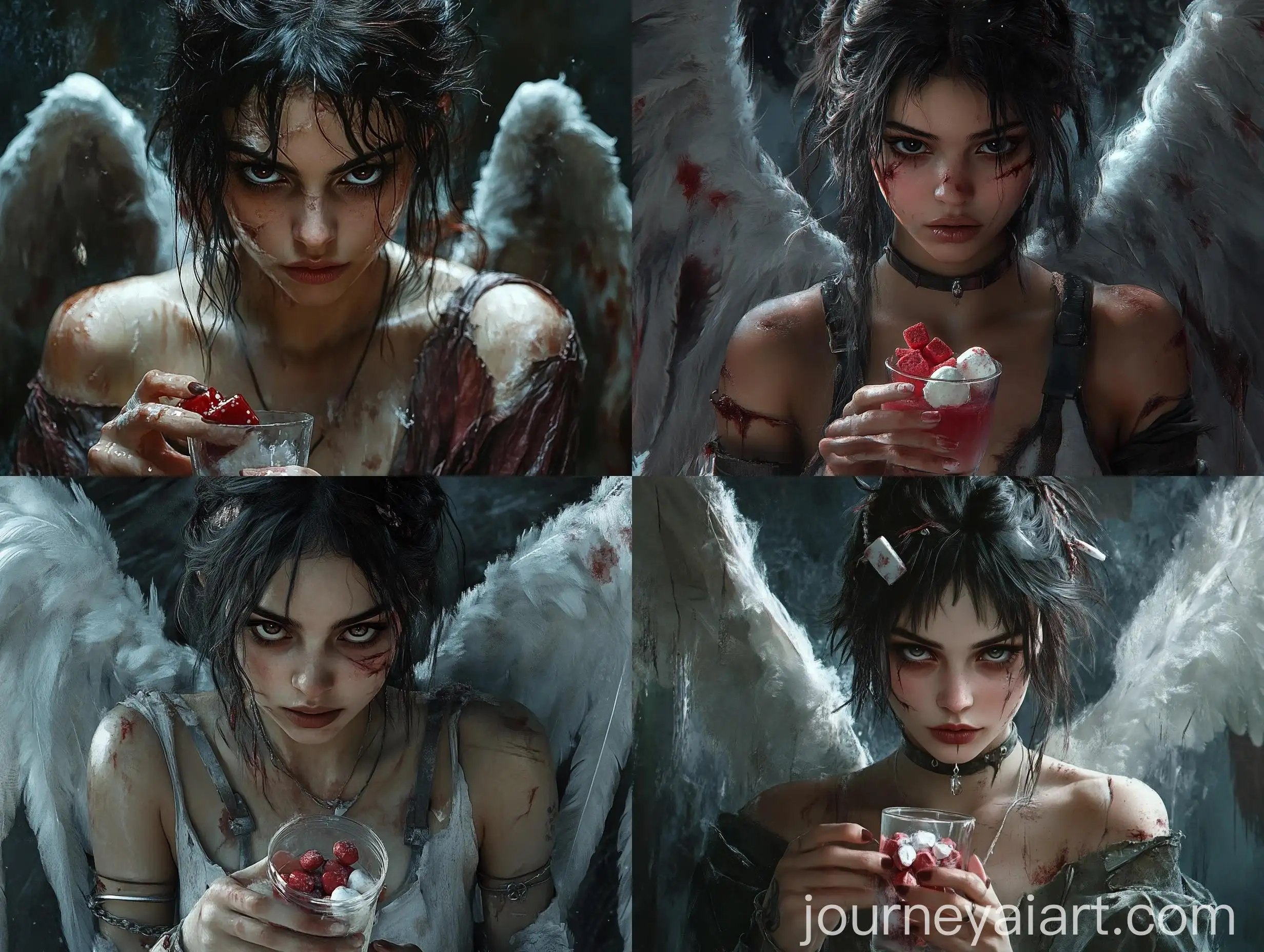 Mysterious-Female-Character-Holding-Glass-of-Sweets-with-Tattered-Angel-Wings