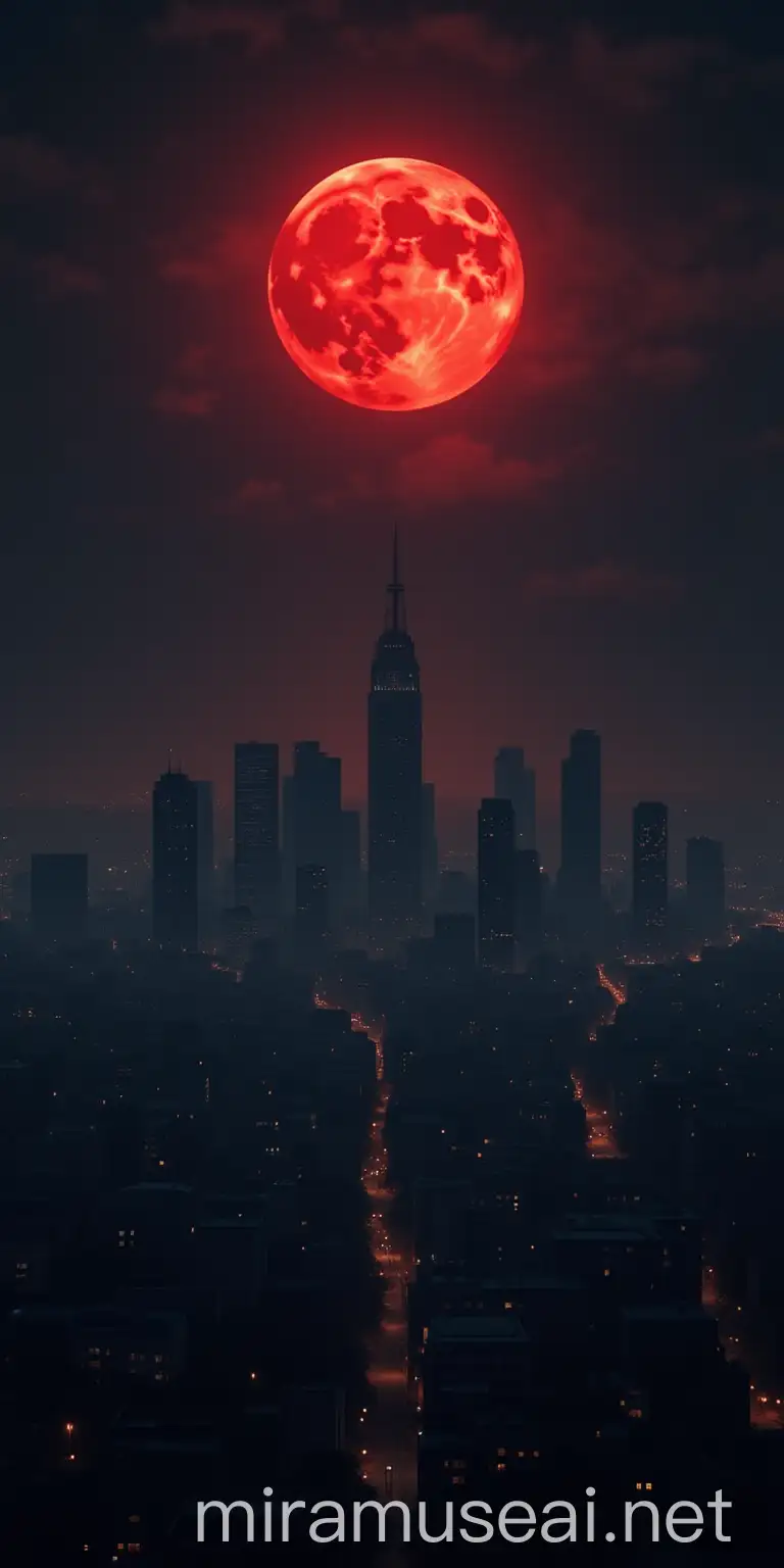 Desolate Cityscape Under Crimson Moon After Nuclear Blast