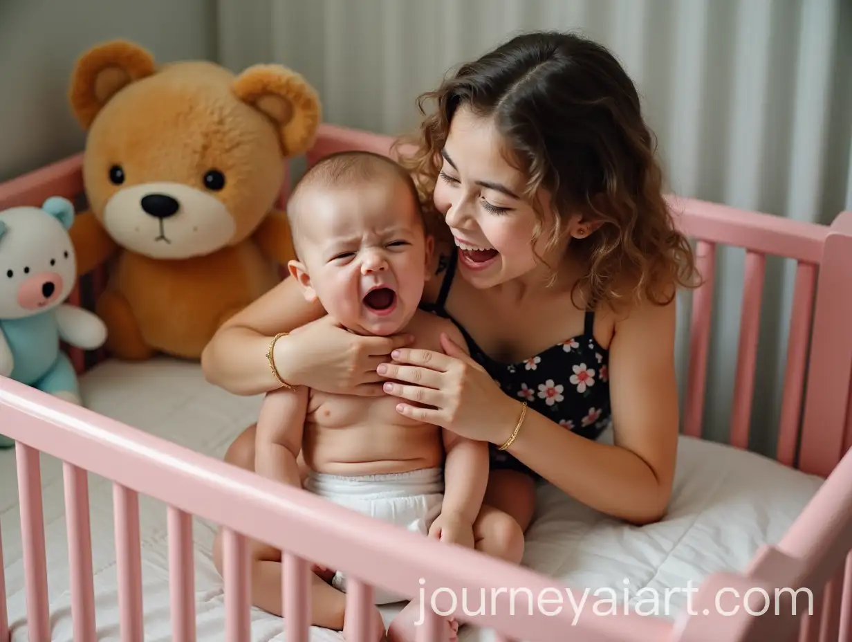 Young-Persian-Girl-Playfully-Pressing-Mouth-of-Crying-Baby-in-a-Colorful-Nursery
