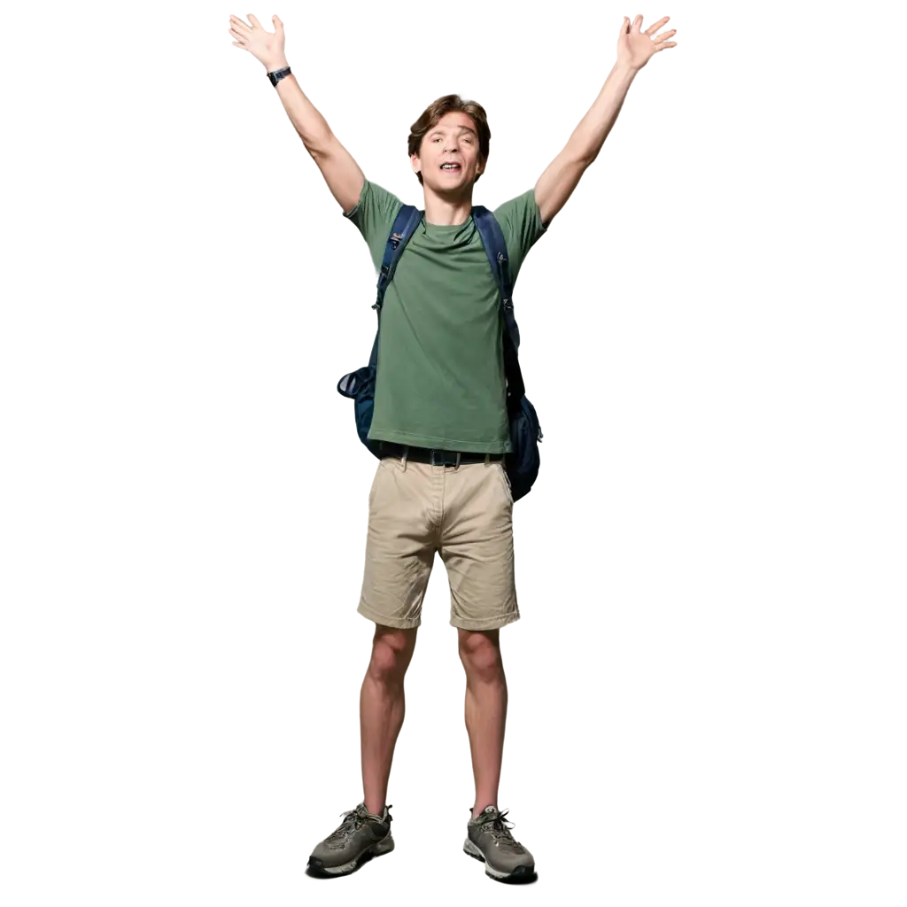 A photorealistic image of a young adult male named Jeremiah, 6 ft tall, with brown hair and olive skin, dressed in khaki shorts and a green t-shirt with hiking gear. He reaches the top of the steep wall standing on the peak of the mountaintop, both arms raised straight up to the sky in triumph while resting one foot with bended knee on a rock in front of him and the other foot resting on the ground.