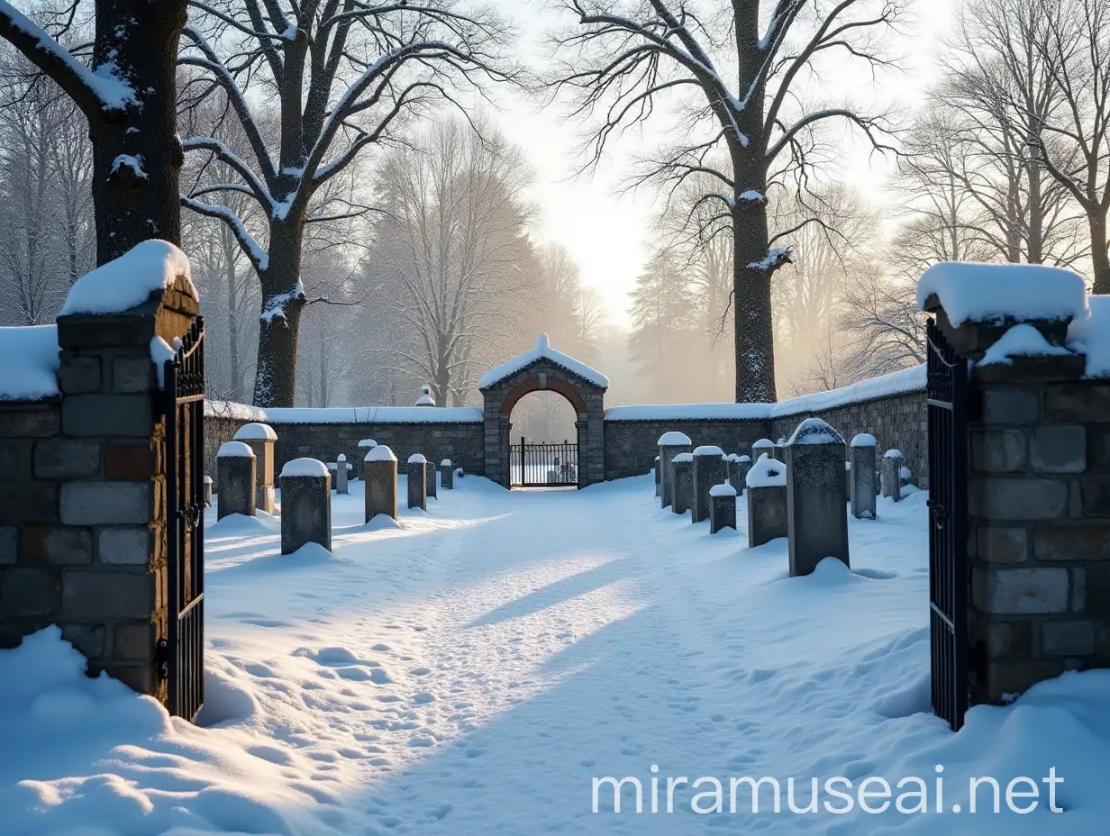 Snowcovered Prussian Graveyard in Winter Morning Light