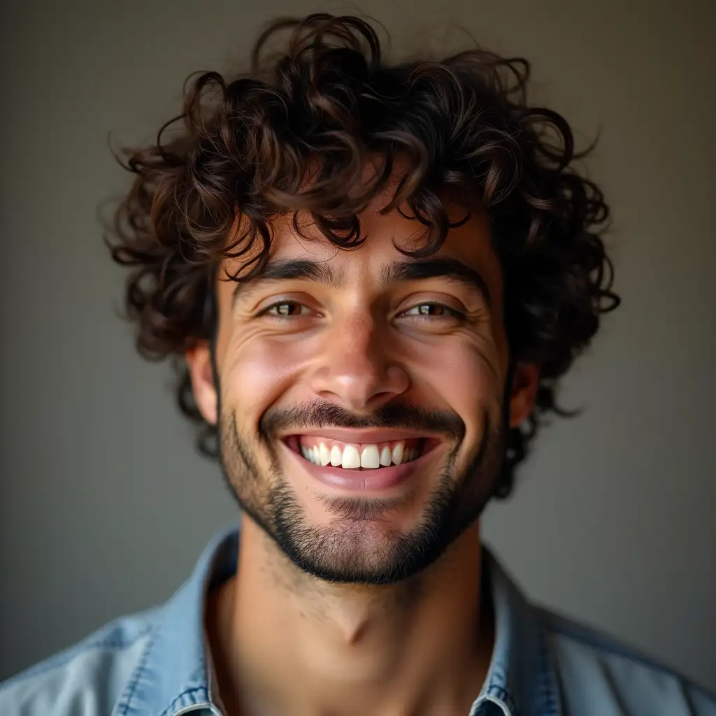 a man with curly hair, smiling face. ultrarealistic image. long view