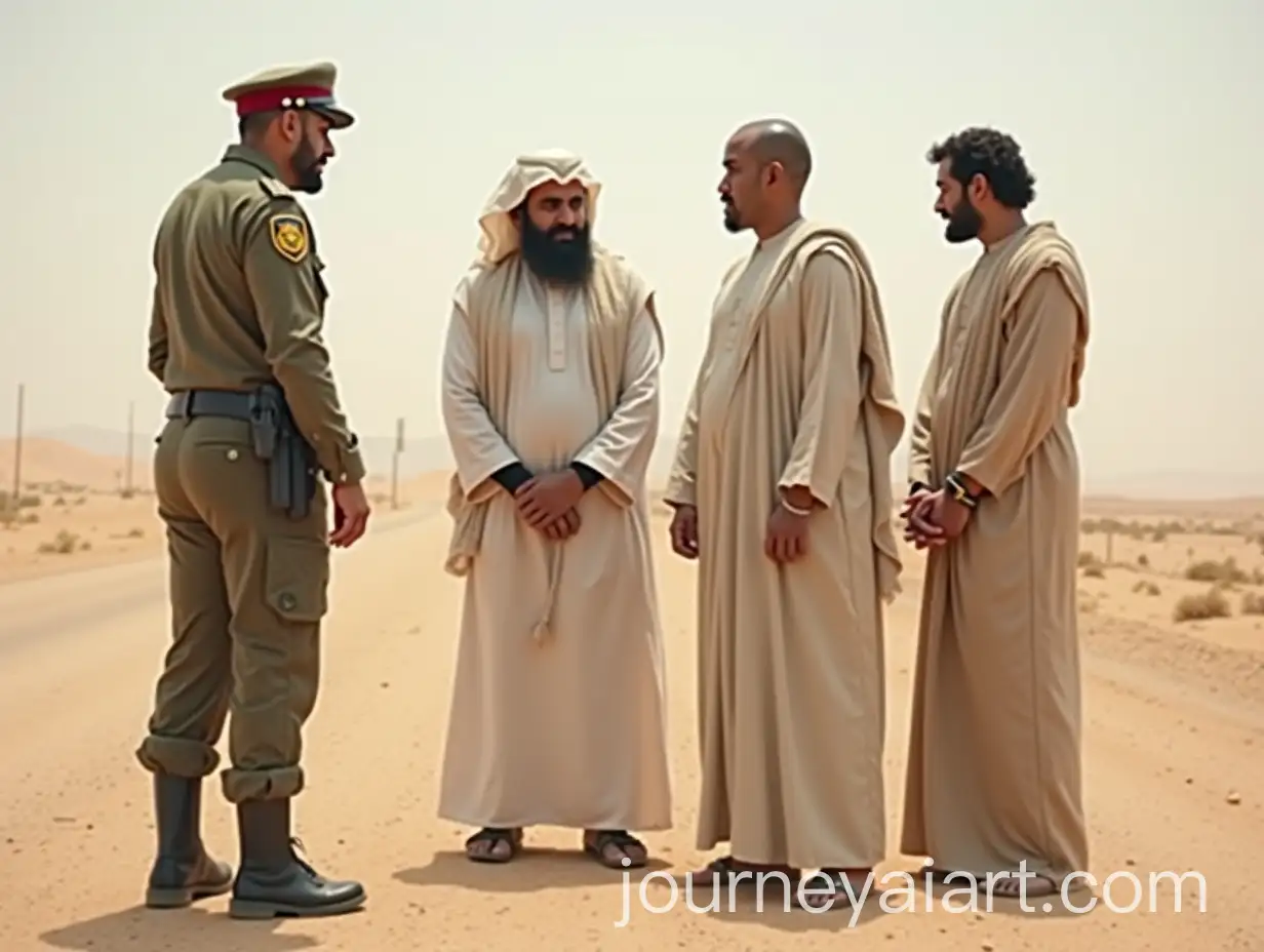 SaudiAI-Image-Prompt-Expansion-Policemen-Interacting-with-Handcuffed-Individuals-on-Desert-Highway
