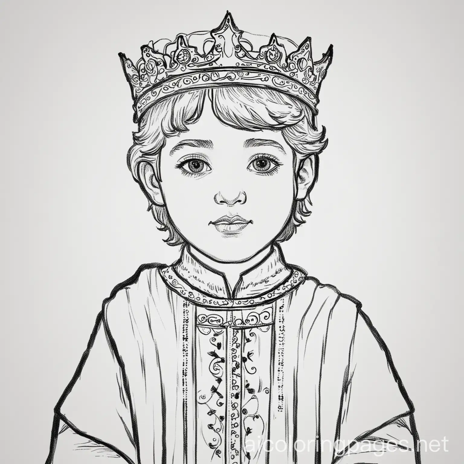 12th century English toddler prince, Coloring Page, black and white, line art, white background, Simplicity, Ample White Space. The background of the coloring page is plain white to make it easy for young children to color within the lines. The outlines of all the subjects are easy to distinguish, making it simple for kids to color without too much difficulty