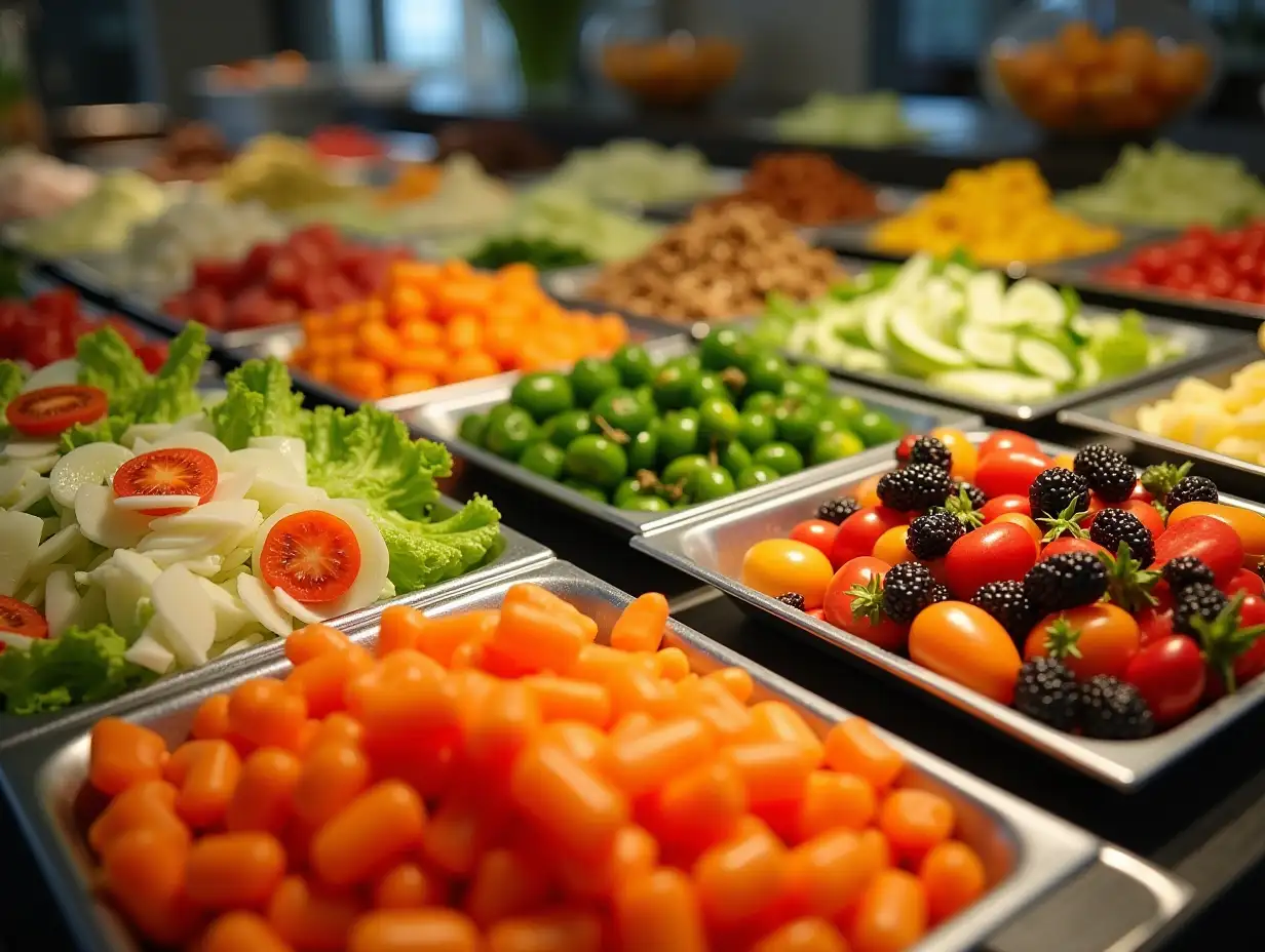 Collection of trays displaying an assortment of fresh vegetables ready for consumption, An array of healthy salads and fresh fruits on a well-organized buffet line