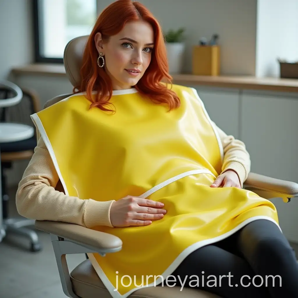 Woman-with-Long-Red-Hair-Wearing-Shiny-Citrus-Yellow-PVC-Mealtime-Bib-in-Dentists-Chair