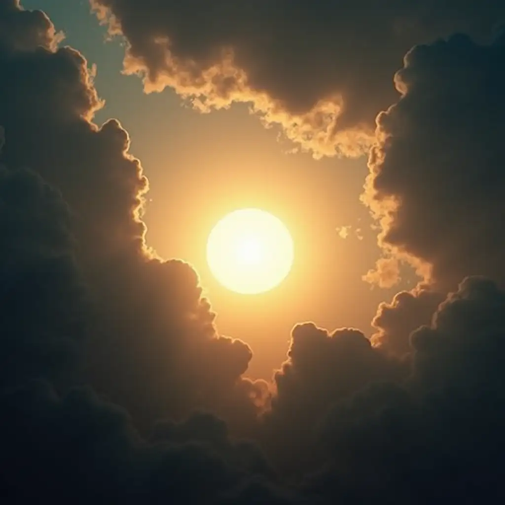 The shining sun in the center of the screen. The sun is surrounded by dramatic, heavy, swirling clouds.