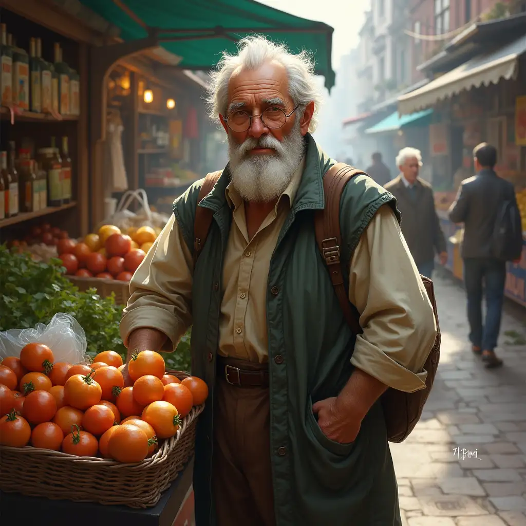 Photo portrait, 75 mm, rendering, NPC D&D character, Elderly man selling groceries