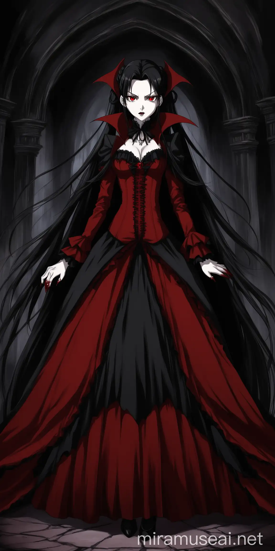 Anime Vampire Woman in Provocative Victorian Dress and Dracula Mantle