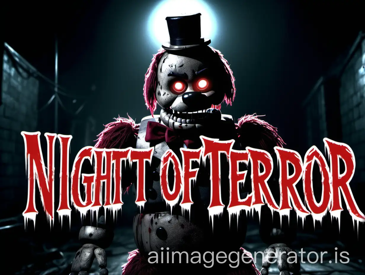 Create a thumbnail for a YouTube video about Five Nights at Freddy's 4. The design should include: A dark and eerie background. A terrifying animatronic such as Freddy or Chica in the foreground, showcasing dark details. Large and striking text that says NIGHT OF TERROR with a chilling font in red and white tones. Light and shadow effects to create a suspenseful atmosphere. A touch of brightness around the animatronic to highlight its dangerousness