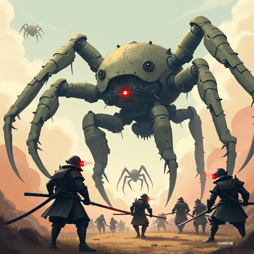 draw an army of samurais fighting drones with laser cannons and giant talking blimps and spider robots with laser eyes