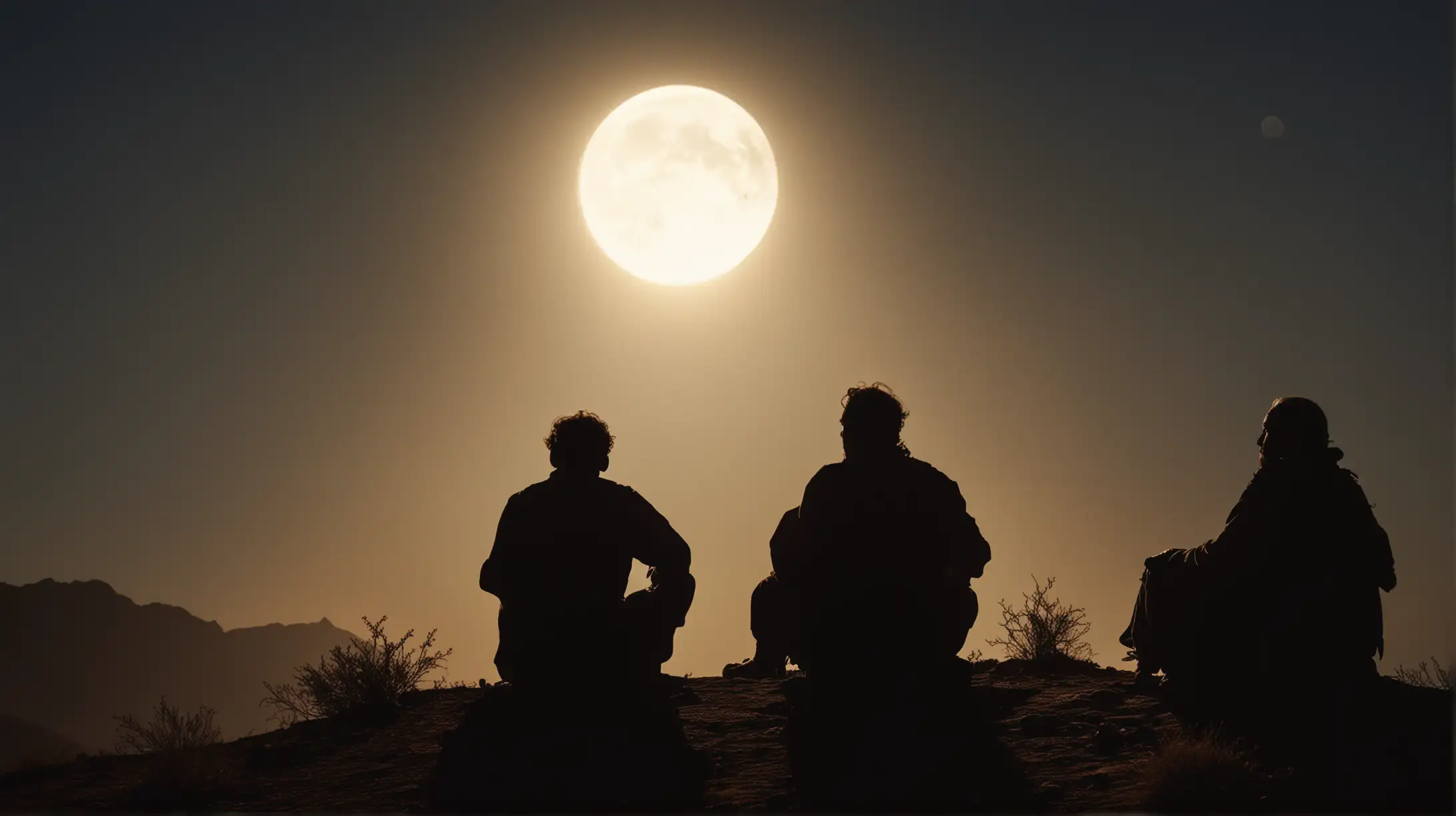 3 middle aged men, sitting on a desert hillside in silhouette. With a big moon  behind them. Set during the biblical era.