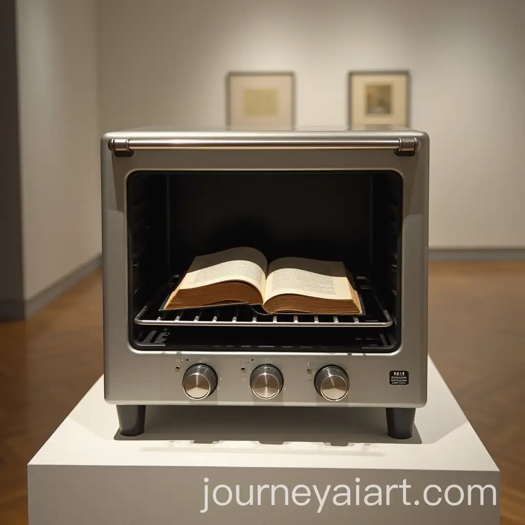 Artistic-Installation-Small-Electric-Oven-with-Closed-Book-on-Pedestal
