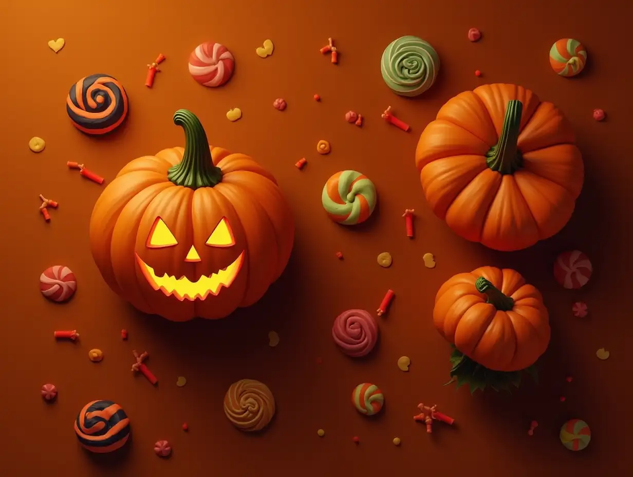 Spooky-Halloween-Jackolanterns-with-Candies-on-a-Vibrant-Brown-Background