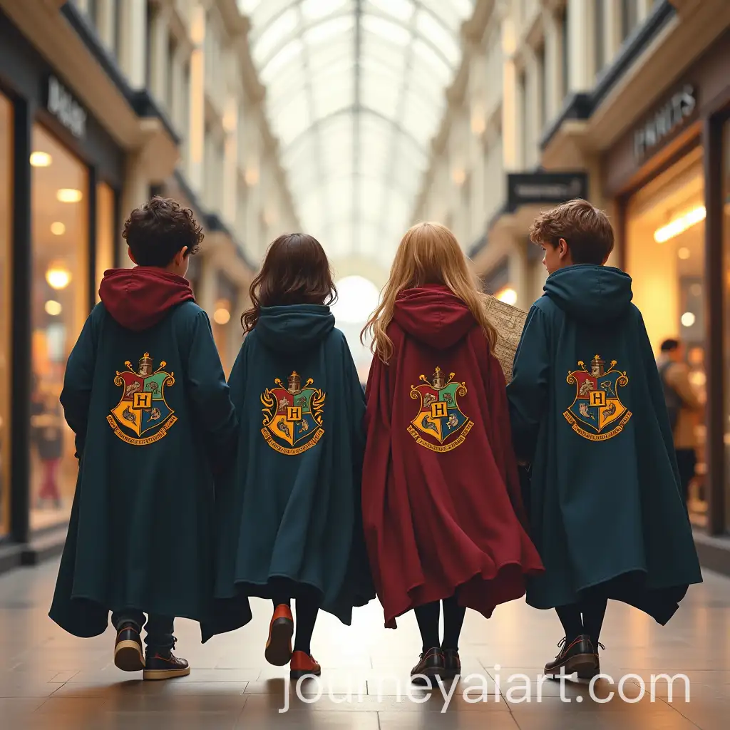 Four-Friends-Exploring-a-Shopping-Center-with-a-WornOut-Map-Dressed-in-Hogwarts-Cloaks