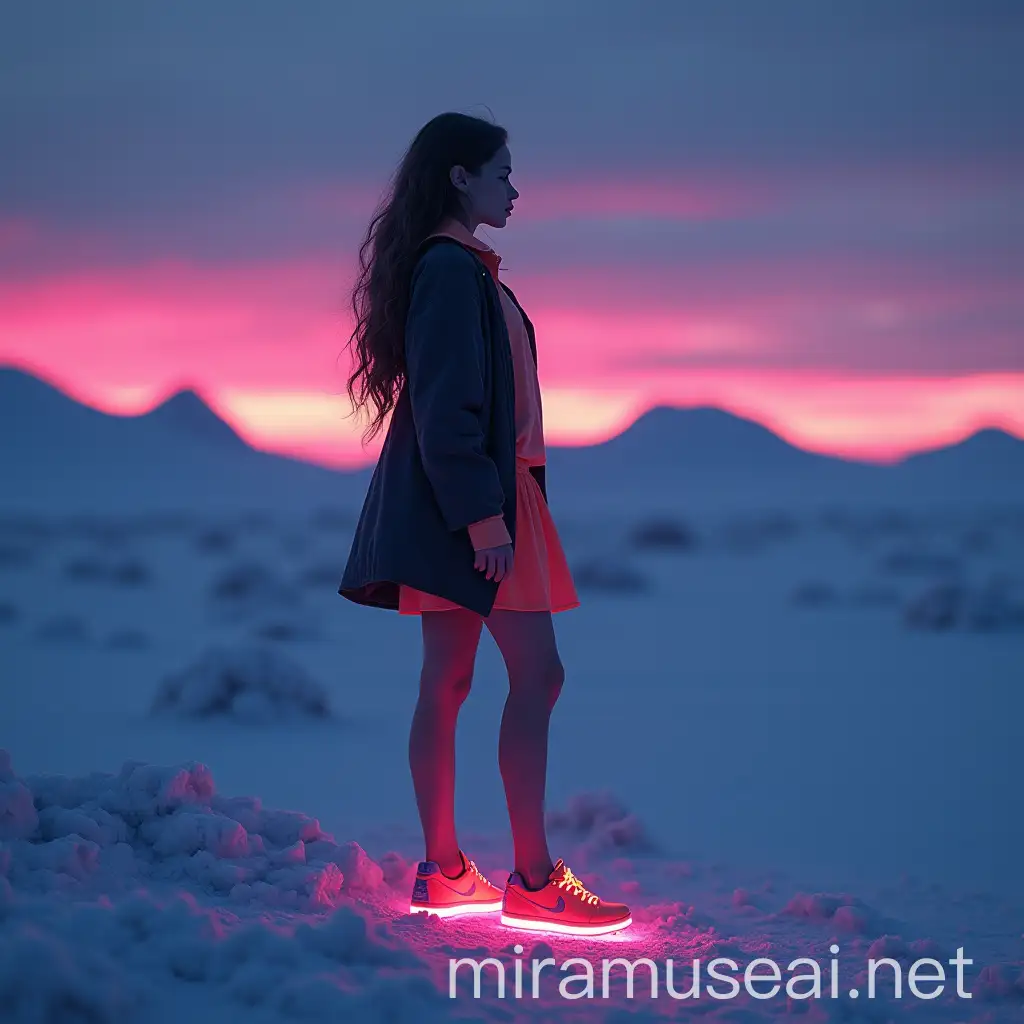 3D 8k minimal illustrator minimal women watching above mount Thor Baffin island Canada with her pink digitallight stunning dress nice light in the midnight with her yellow digital light suite with her longest hair and beautiful face watching the amazing sunset cinematic reflection Aivision, strong neon colors, full body of beautiful young women with dramatic expression, prety blue eyes , full red lips, brown hair, She wears blouse ,Mini skirt, coat with amazing sneakers in neon colors,full body . Modern cloth. she stands in the street anxiously , dark winter environment and gloomy, image realistic, realistic facial features, Fairy Tail, Extremely detailed , intricate , beautiful , fantastic view , elegant , crispy quality Federico Bebber's expressive, full body, Coordinated colours, night cinematic dark art