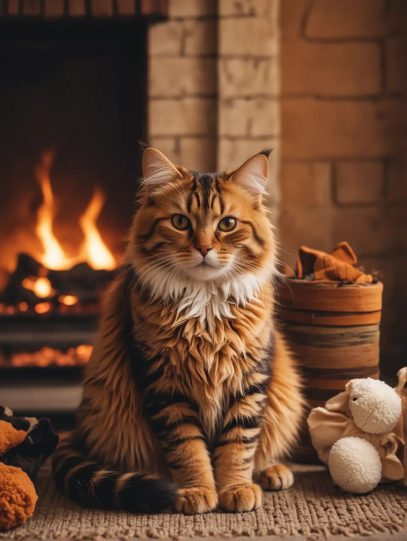 Fluffy-Orange-and-Black-Striped-Cat-Holding-Plush-Toy-by-Fireplace-in-Cozy-Setting