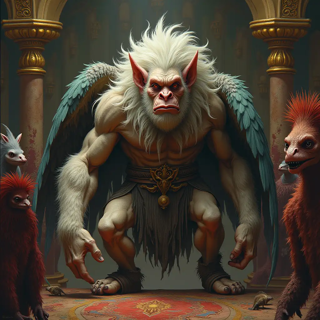 Ultra-detailed hyperreal portrait troll with Neanderthal head, full-body feathers in a palace with various strange beings with intricately detailed, colorful