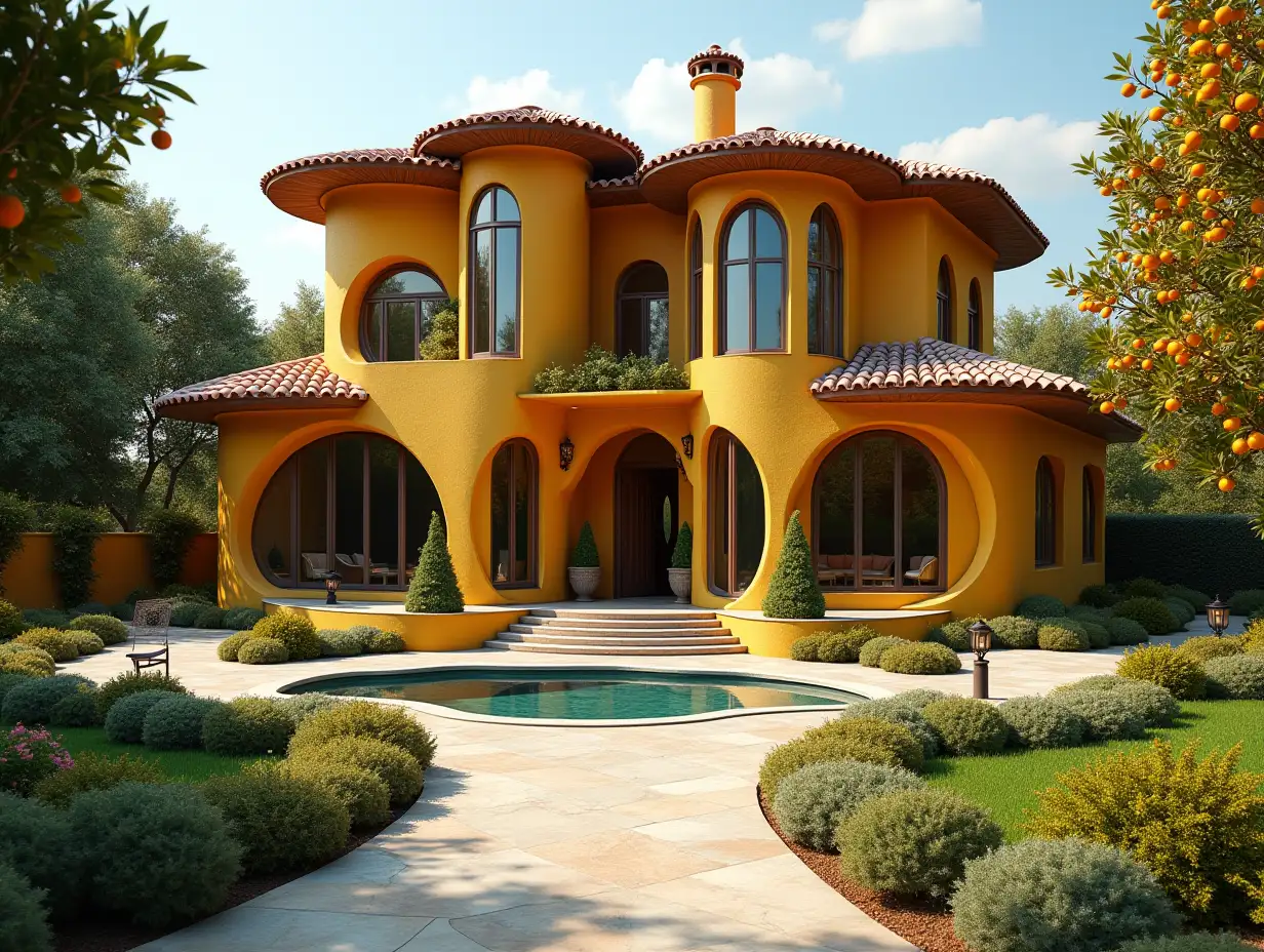 Crooked House, garden  Bepflanzung-Sauber, with golden stucco, large windows with glass closed, curved, smooth window shapes, winding big entrance steps made of marble, complex roof with pond, lanterns, gold bench, orange tree 4K resolution colorful super wide-angle shots