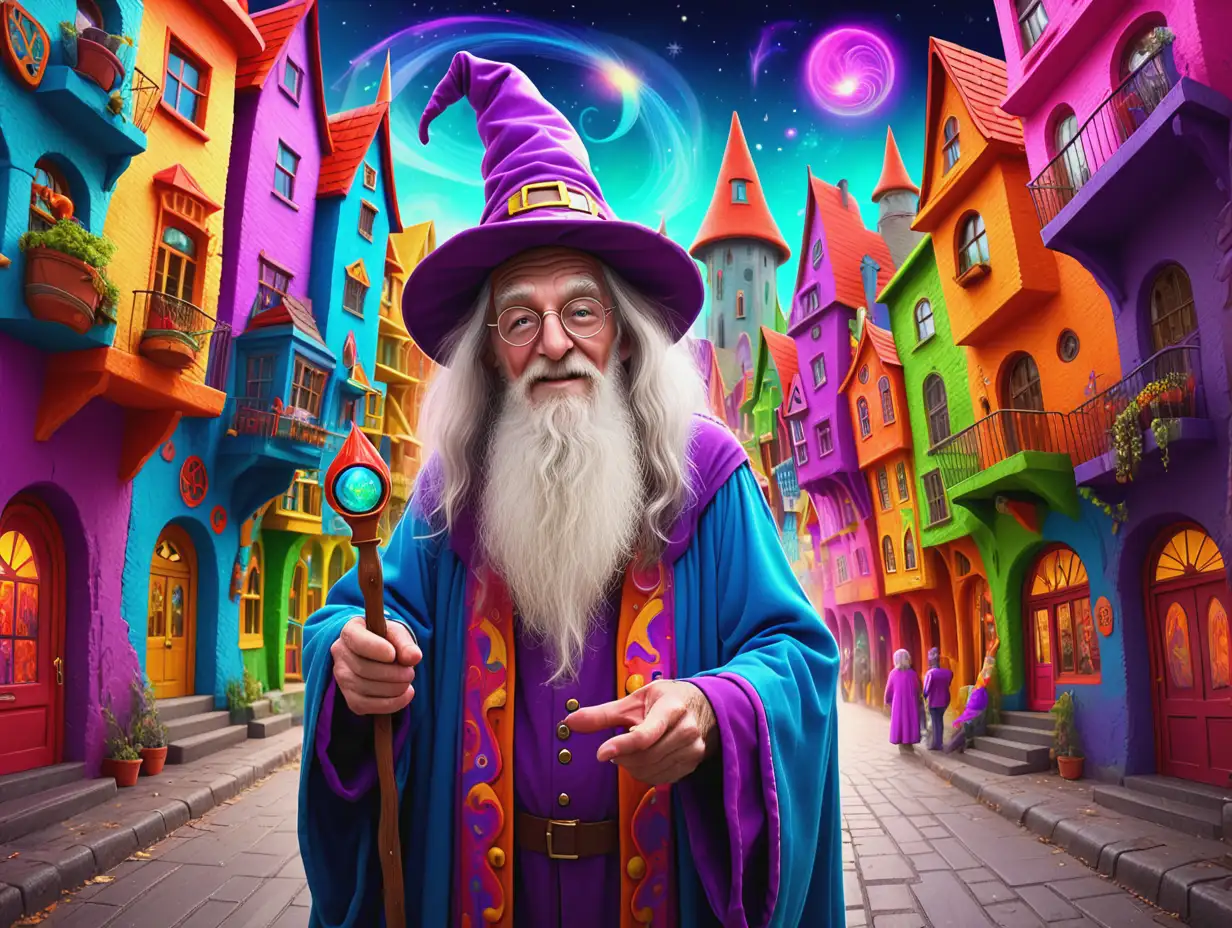 Friendly-Old-Wizard-Giving-Tour-in-Colorful-Psychedelic-City