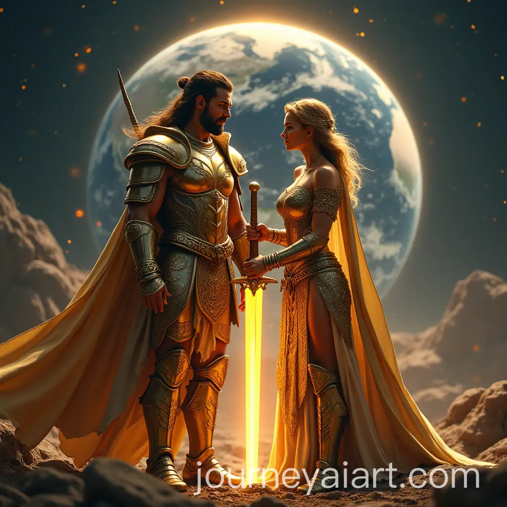 Man-and-Woman-Warriors-in-Shiny-Golden-Armor-with-Bright-Swords-Against-Earth-Background
