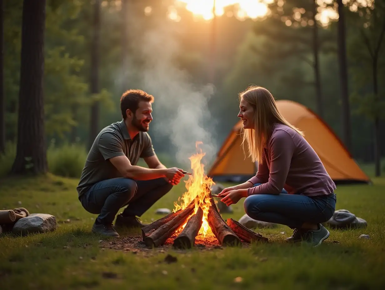 Couple, campfire and wood with smoke in nature by tent on grass field for outdoor vacation, holiday or weekend. Man preparing fire by woman for camping leisure, summer getaway or sunshine at forest