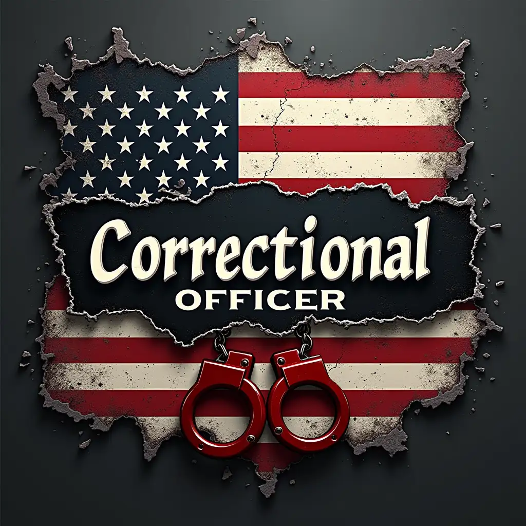 A bold, patriotic design featuring a distressed American flag with a rugged metal texture. The center showcases a black-and-white flag with the words 'Correctional Officer' in strong, bold letters. A red handcuff icon is incorporated into the design, symbolizing law enforcement. The background has a ripped metal effect, revealing the American flag beneath. Vector illustration, realistic