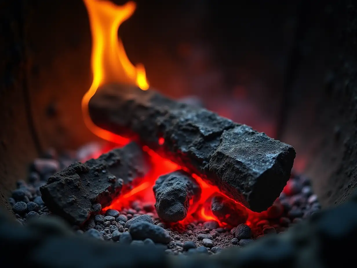 Close up of burning coal in brazier empty space