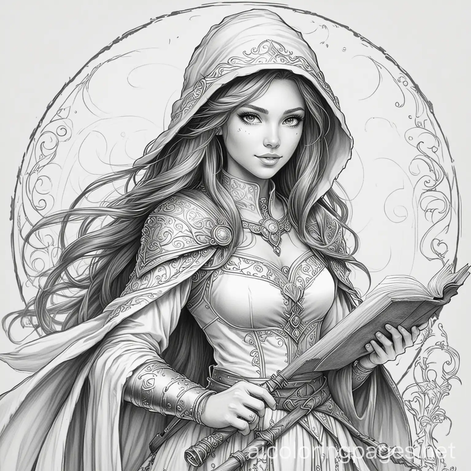 Fantasy-Female-Mage-Coloring-Page-in-Black-and-White