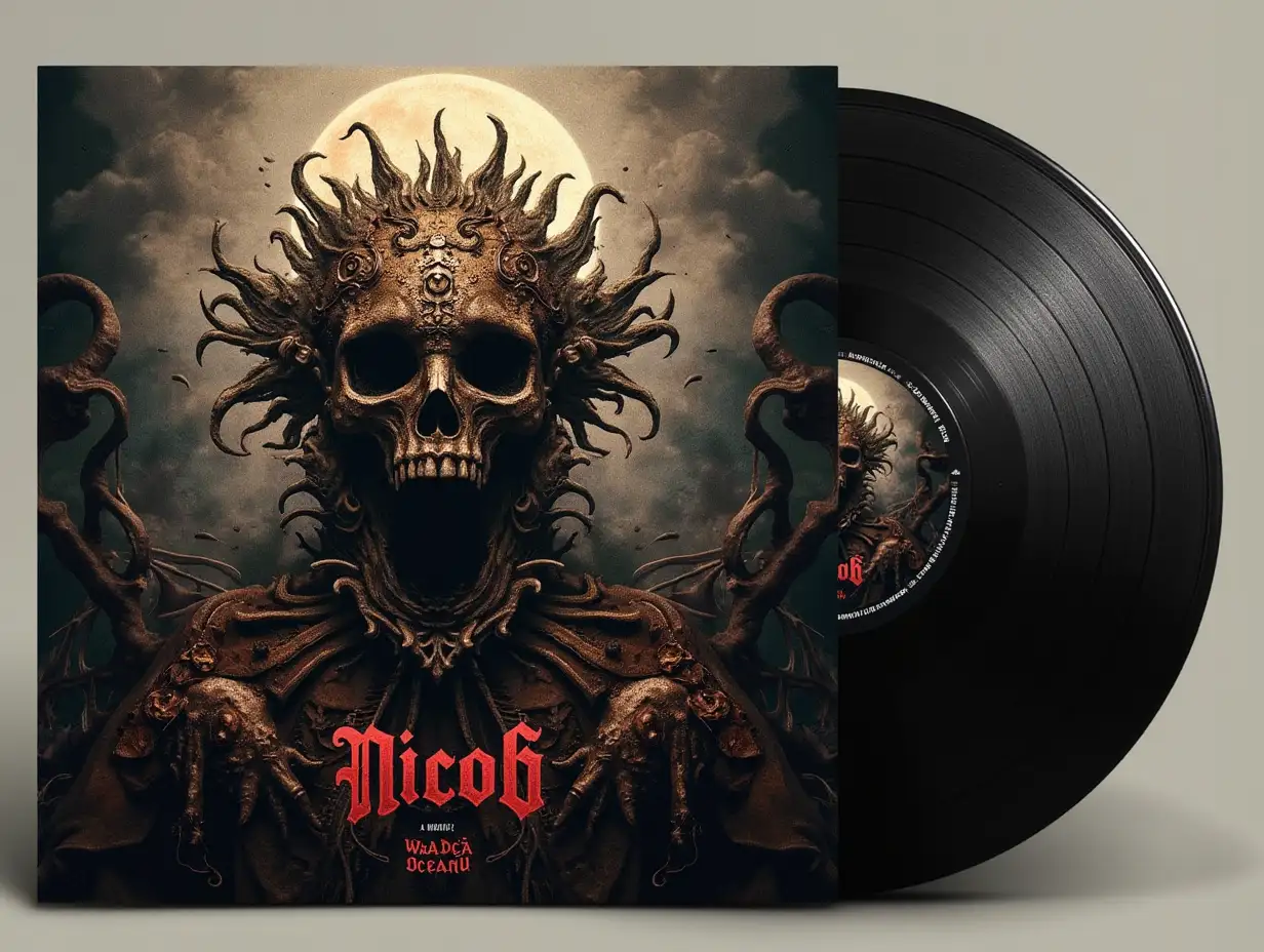 Create a dark fantasy, hyper-realistic vinyl album cover for a record titled 'Nicość' by the artist 'Władca Oceanu'.