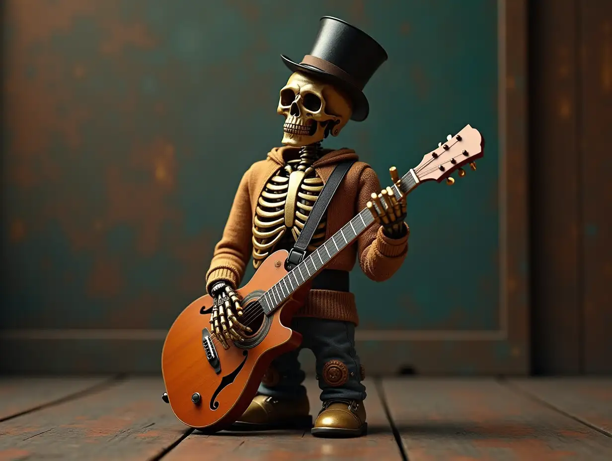 Create a high-resolution, realistic image of a robot with a skeleton body, golden porcelain hands and head, a sweater, a Steampunk top hat, and a guitar on the floor in 4K resolution (Steampunk 8K quality)