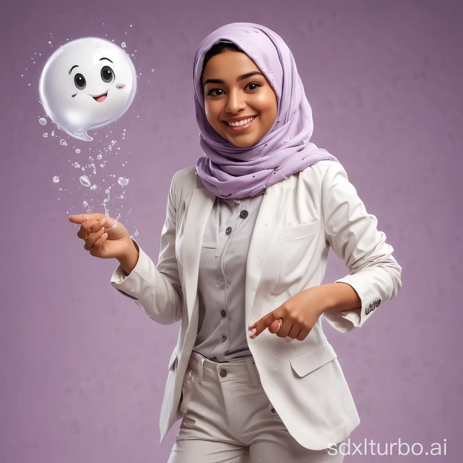 Smiling-25YearOld-Woman-in-White-Hijab-and-Suit-Pointing-with-Astuti-Text-Bubble-on-Light-Purple-Background